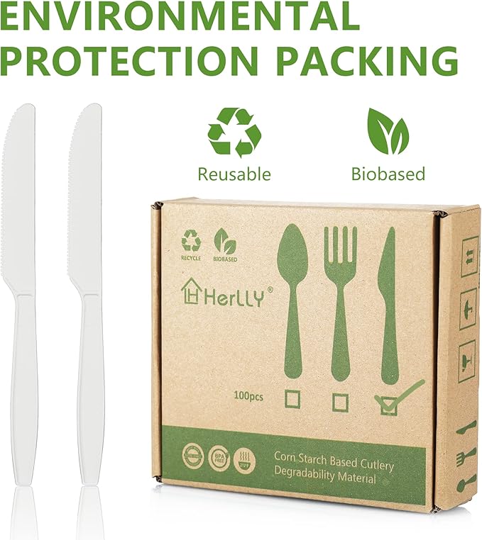 Compostable Knife,100 Biodegradable Silverware for Party, Large Disposable Utensils Eco Friendly Durable and Heat Resistant,Alternative to Plastic Knife