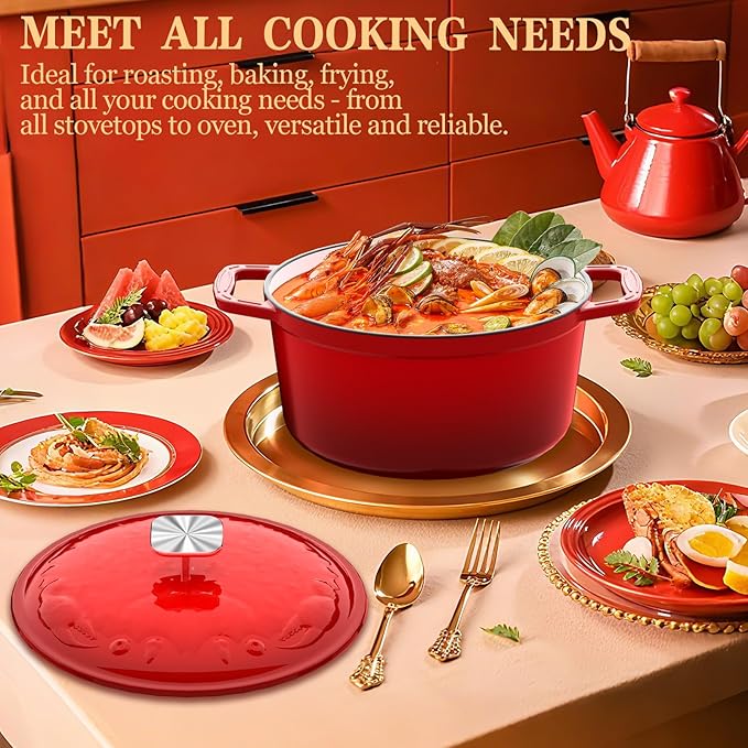 Dutch Oven Pot with Lid - Cast Iron Dutch Oven for Bread Baking Sourdough, Casserole and Braiser with Crab Lid, Square Knob, Nonslid Handles - Red