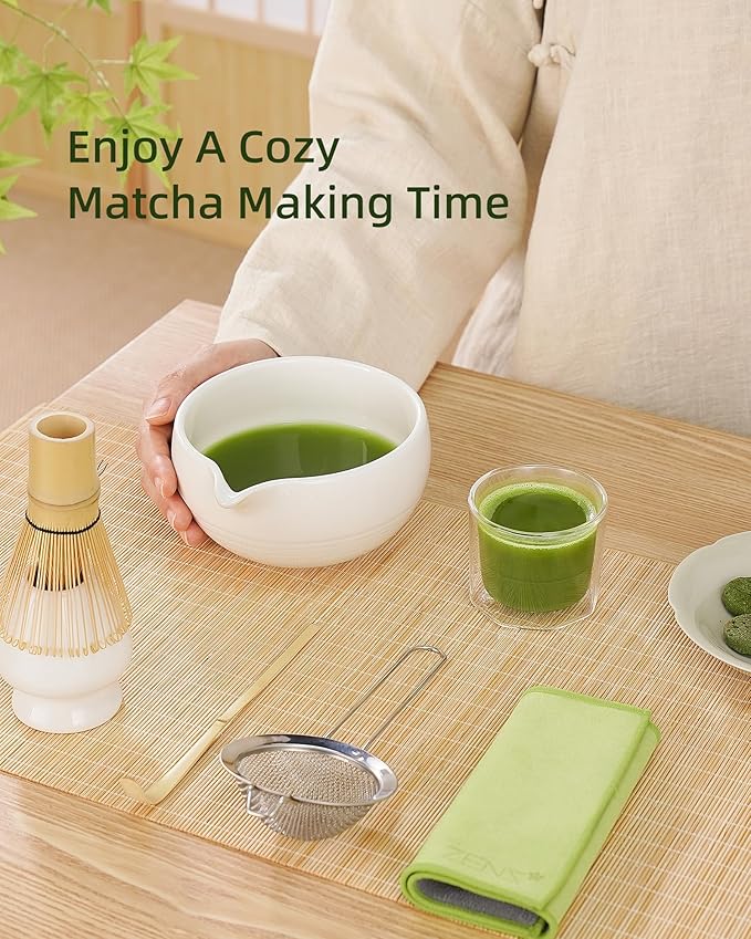 ZENS Matcha Whisk Set, 6pcs Matcha Kit Includes Ceramic Bowl, Handcrafted Bamboo Whisk and Chasen Holder, Scoop, 304 Sifter & Tea Mat，Matcha Set for Tea Ceremony,Latte Making, White