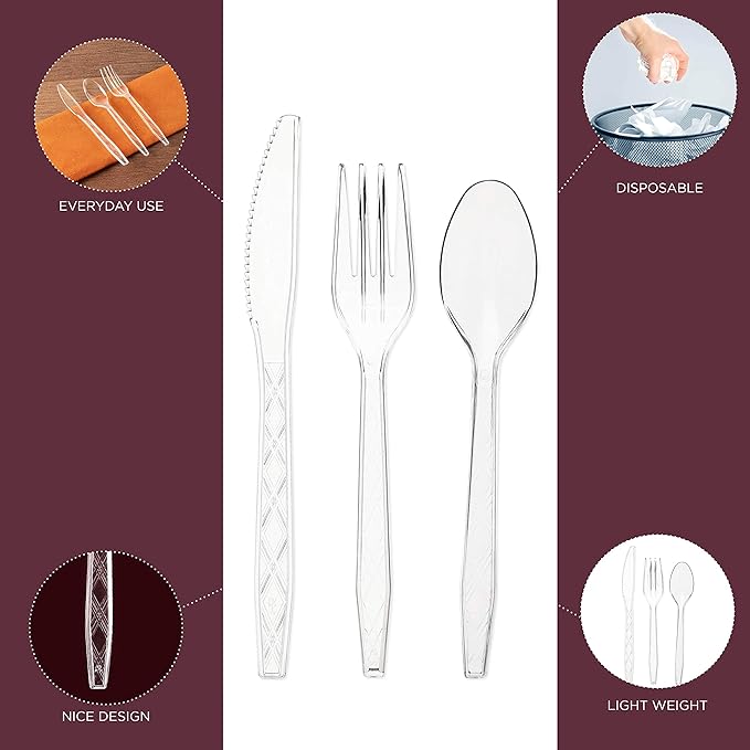 Party Bargains Clear Plastic Cutlery 2160 pcs: 1080 Forks, 720 Spoons, 360 Knives. Argyle Design, Heavy Duty & Solid Disposable Silverware Utensils Combo Pack Set for Weddings, Buffets, Luncheons