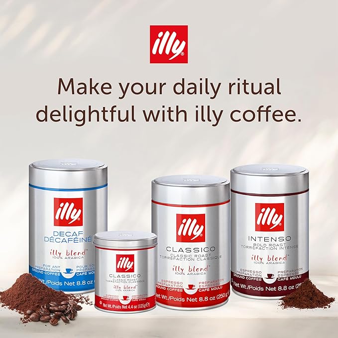 Illy Ground Espresso Coffee, Decaffeinated - Medium Roast - Mild & Balanced - 100% Arabica - Pre-Ground for Espresso - Pressurized Packaging Sealed for Freshness- 8.8oz (Pack of 12)
