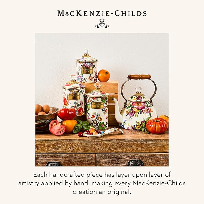 MACKENZIE-CHILDS Small Enamel Canister, Kitchen Storage Container for Flour and Sugar, 1.13 Liters, White Flower Market