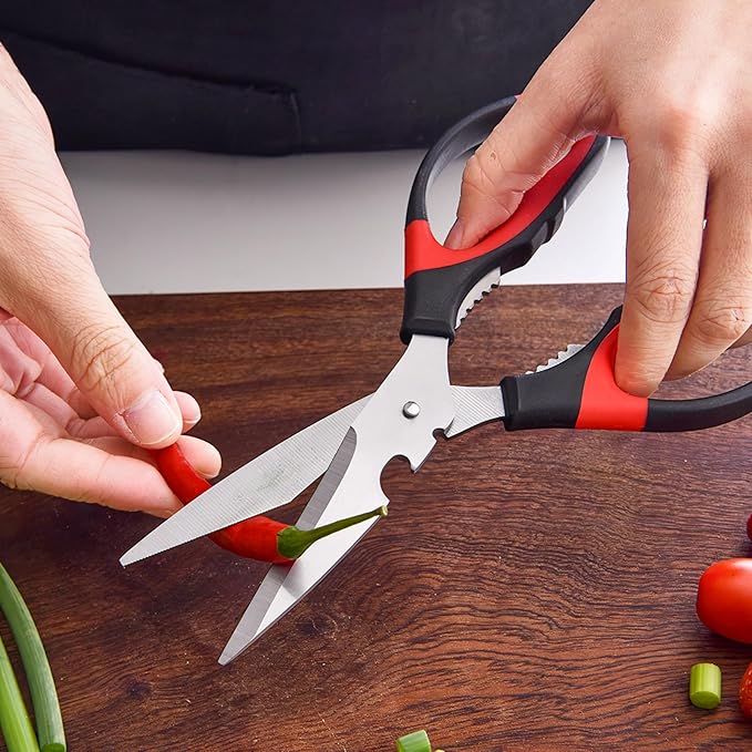 Multipurpose kitchen scissors, heavy duty meat poultry scissors, spice scissors, food cooking scissors, stainless steel utility scissors (1, red)
