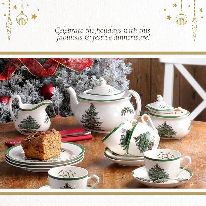 Spode Christmas Tree 5-Piece Place Setting - Festive Earthenware Tableware with Plates, Teacups, Saucers - Microwave, Dishwasher Safe - Christmas Dinnerware & Holiday Tableware