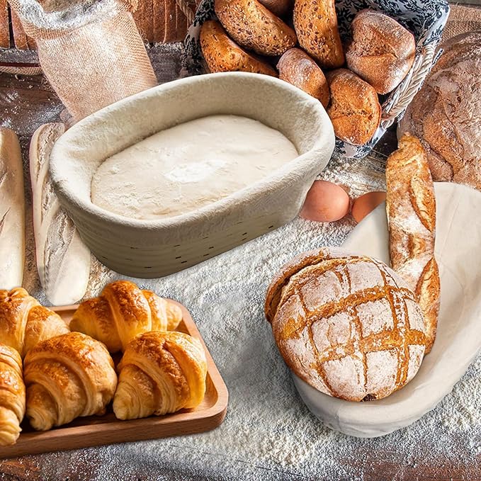 Sourdough Bread Baking Supplies, 2 Pack Banneton Bread Proofing Basket 10 inch Round & 10 inch Oval Proofing Bowls for Sourdough Bread with Liner Making Baking Fermentation Tools