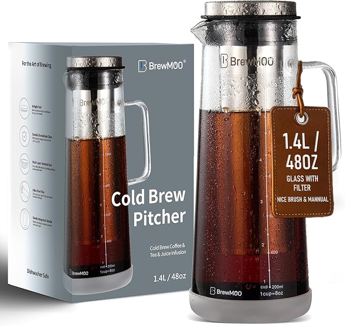 Cold Brew Coffee Maker, 1.4L/48Oz Cold Brew Pitcher | Ice Tea Maker with Airtight Glass Carafe, Filter, Non-Slip Base, Comfort Handle, Wide Spout (Grey)