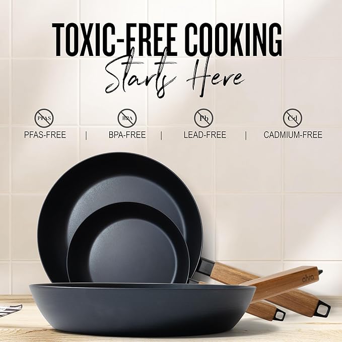 Alva Forest 8" Carbon Steel Frying Pan – Naturally Nonstick, Pre-Seasoned, with Acacia Wood Handle, Made Without PTFE, PFOA, PFAS – Sustainable Belgian Design, Induction & All-Stovetop Safe