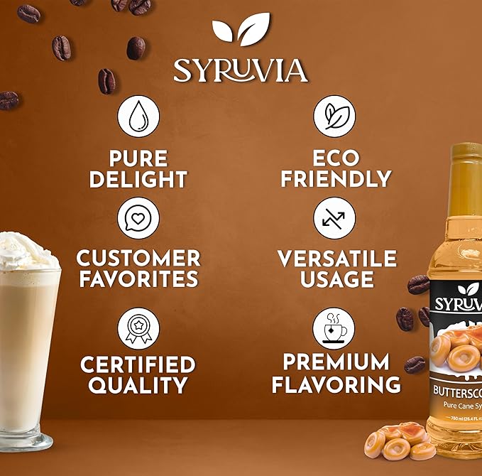Syruvia Glazed Donut & Butterscotch Coffee Syrup - 25.4 fl oz Premium Coffee Flavoring Syrup. No Coloring, Kosher, and Gluten-Free. Perfect for Drinks, Sodas, Shakes, Desserts, & More.