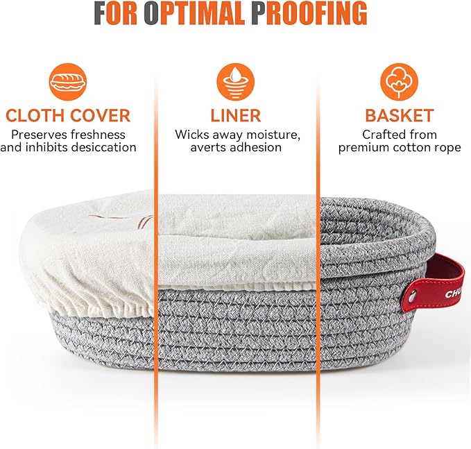 Banneon Bread Proofing Basket Set - Oval & Round Bread Baskets, 9 Inch & 10 Inch, Proofing Baskets for Sourdough Bread Baking, Cotton Rope Sourdough Proofing Basket - With Liner & Cloth Cove