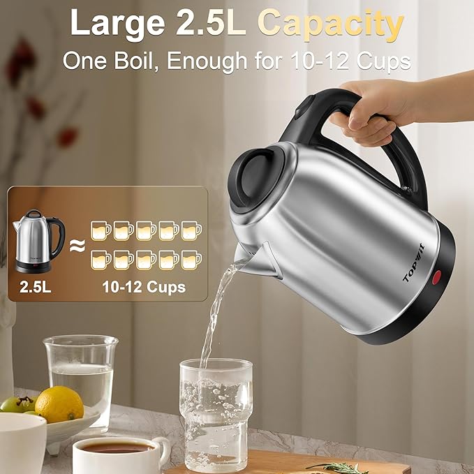Topwit 2.5L Large Electric Kettle, BPA Free Stainless Steel Water Boiler & Heater, Fast Boil Electric Tea Kettle, Hot Water Kettle Electric with Auto Shut-Off & Boil-Dry Protection for Family