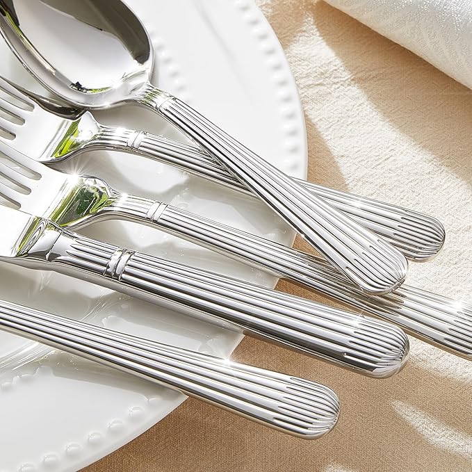 KINGSTONE 5-Piece Silverware Set, 18/10 Stainless Steel Flatware Set - Luxury Elegant Striped Cutlery with Dishwasher Safe, Durable for Family Dining, Catering, Weddings, Anniversaries Gift