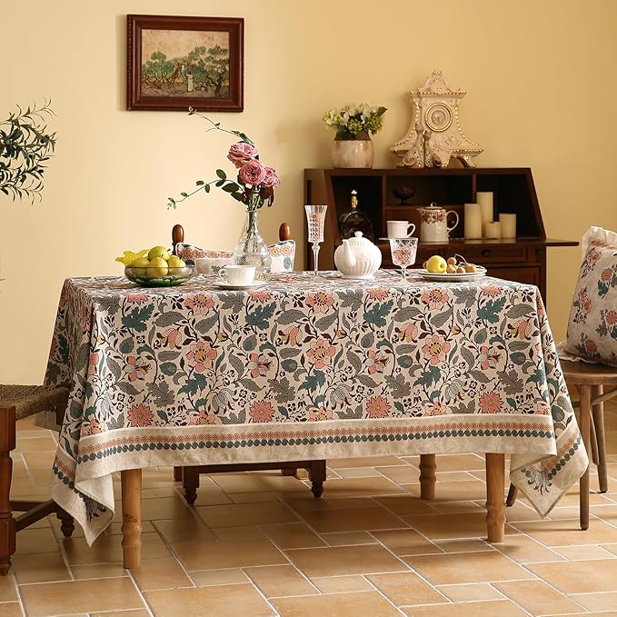 ISAENNE Designer Boho Floral Table Cloth for Rectangle Table,Linen Lotus Flower Pattern Colorful Tablecloth,Durable Decor Tablecloths for Dining Thanksgiving Kitchen Christmas,55"*79"-Hazel A