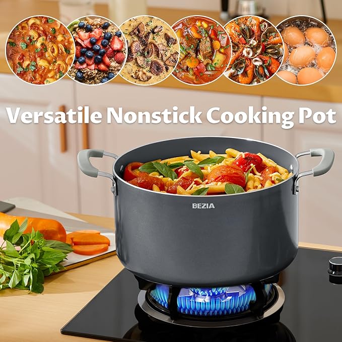 6 Quart Nonstick Stock Pot with Lid, BEZIA Ceramic Soup Pot with Lid, Induction Cooking Pots with Silicone Handle, Compatible with All Cooktops, Dishwasher Safe