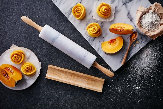 JEmarble Rolling Pin-Wooden Handles(Black)(Premium Quality) Polished Surface 18-inch(10"Barrel) Genuine Stone Non-stick Save Effort Easy to Clean