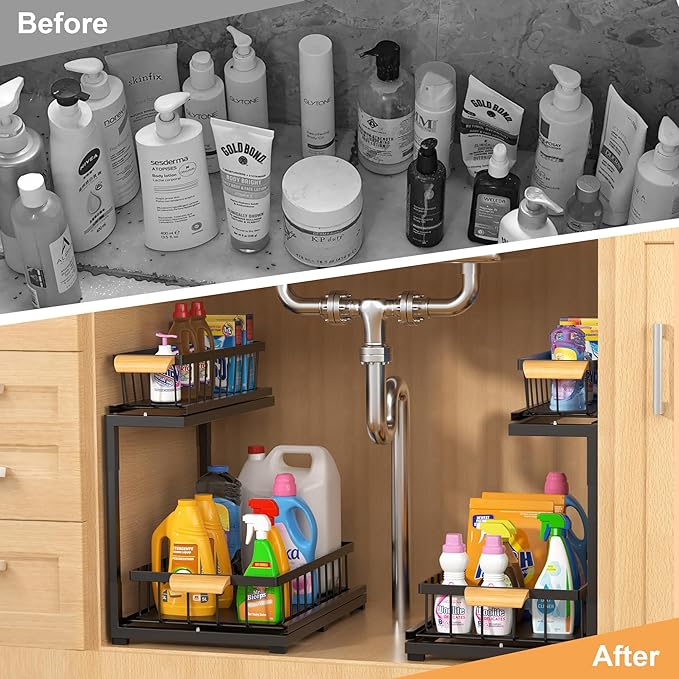 Under Sink Organizer, 2 Tier Under Sink Organizers and Storage, Slide Out Pull Out Cabinet Organizer Shelf, Metal Sliding Drawer for Kitchen Bathroom Pantry Cabinet Closet Organization Rack