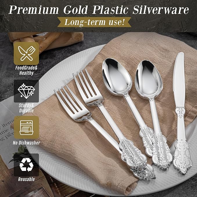 WDF 360 Pieces Silver Plastic Silverware- Disposable Flatware - Heavyweight Plastic Cutlery- Includes 120 Forks, 120 Spoons, 120 Knives for Christmas