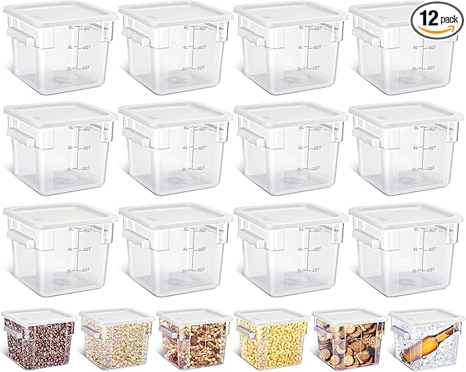 Yungyan 12 Pcs 4 Qt Commercial Food Storage Containers with Lids Restaurant Square Airtight Food Storage Containers Clear Cereal Container for Kitchen Freezer Dishwasher Pantry (White Lid)