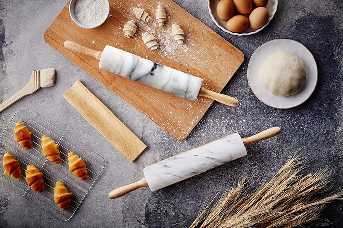 JEmarble Rolling Pin-Wooden Handles(Black)(Premium Quality) Polished Surface 18-inch(10"Barrel) Genuine Stone Non-stick Save Effort Easy to Clean