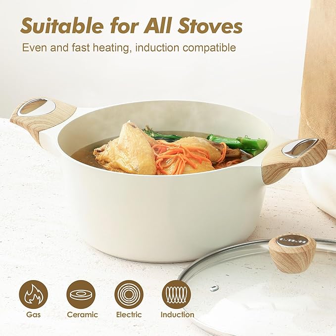 SENSARTE Ceramic Nonstick Stock Pot with Lid, 2.6/4.5/6.6/8.5 QT Soup Pot Casserole, Non-toxic Healthy, Induction Compatible, PFOA PFAS PTFE Free, White