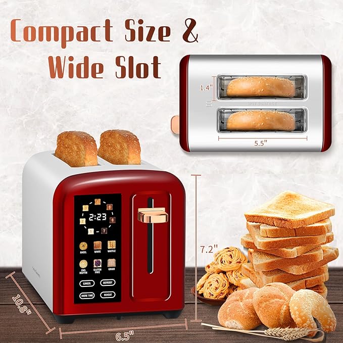 SEEDEEM Toaster 2 Slice with Touch Screen, Faster Heating Speed, 7 Shade Setting, 6 Bread Type, 1.5”Wide Slots Toaster, Removable Crumb Tray, 1350W, Dark Cherry