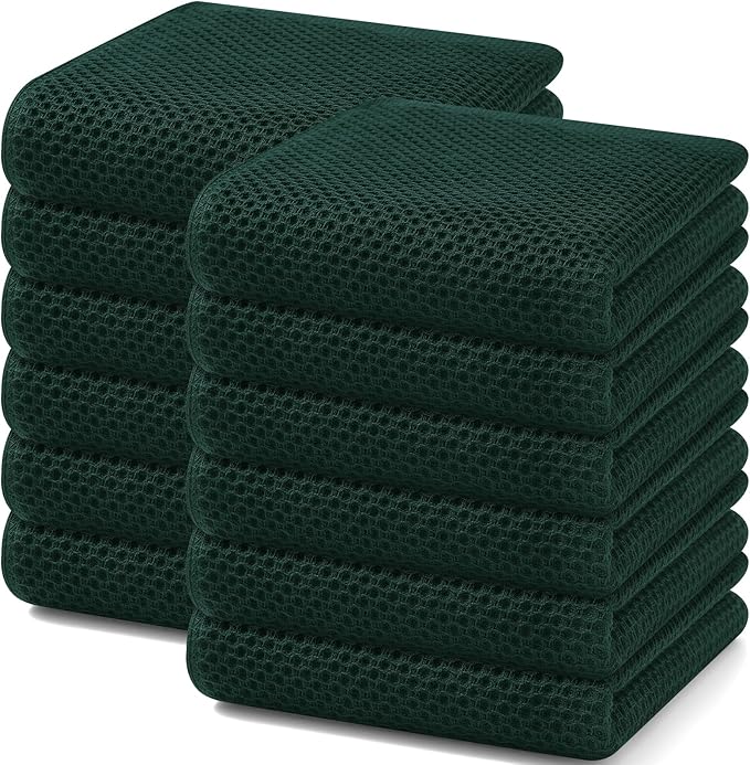 Homaxy 100% Cotton Waffle Weave Kitchen Dish Towels, Ultra Soft Absorbent Quick Drying Cleaning Towel, 13 x 28 Inches, 12-Pack, Blackish Green
