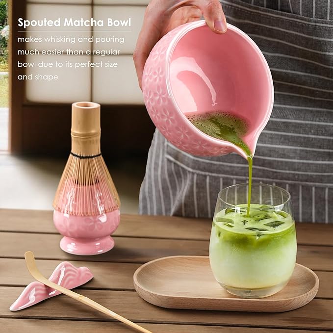 7Pcs Matcha Whisk Set, Ceramic Matcha Bowl with Spout, Bamboo Whisk and Holder, Bamboo Scoop, Scoop Rest, Sifter and Tea Towel, Matcha Kit with Cherry Blossom Carved Patterns for Matcha Lovers (Pink)