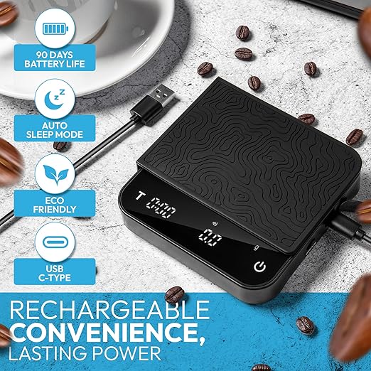 Mini Coffee Scale with Timer – Digital Barista Weight Scale with Designer-Patterned Tamper Mat, 0.1g High Precision, Portable & Rechargeable for Espresso, Pour Over, Drip, and Kitchen Brewing Use