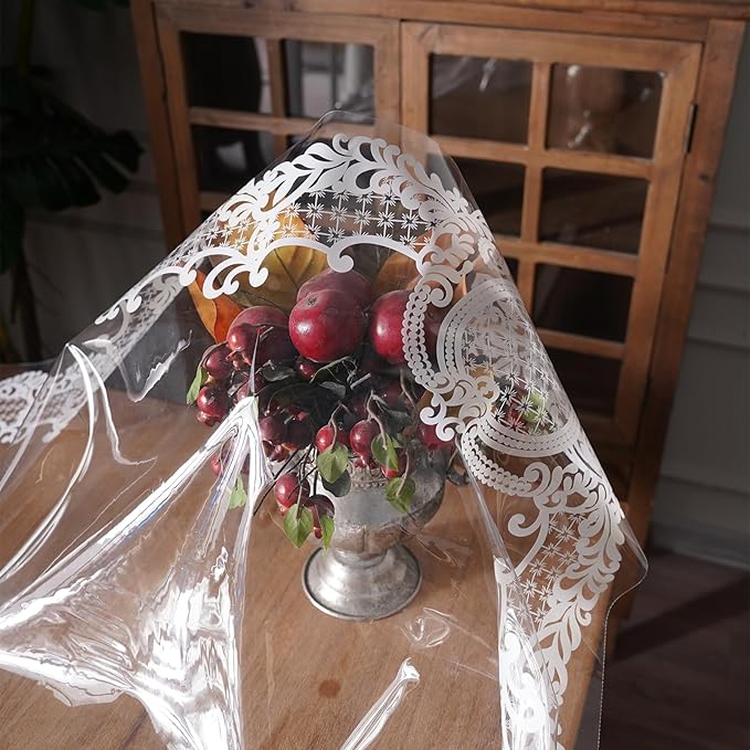Rectangle Waterproof Clear Table Cover Protector Vinyl Table Cloth Oil Spill Proof Wipe Clean Lace Plastic Tablecloths for Dining Tables (White, 60 x 120 Inches)