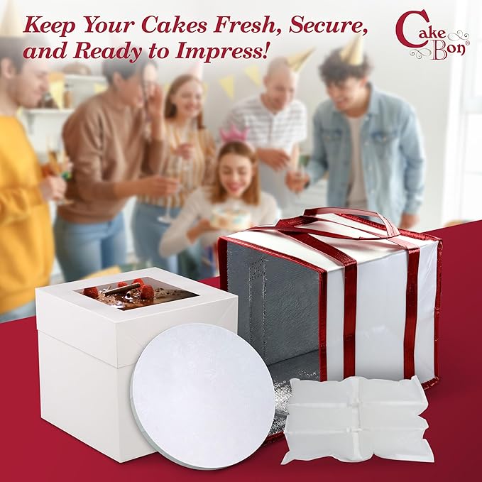 Cakebon Cake Box and Boards, 12-Inch Round White Wrapped Edges 1/2- Inch Thick Drums with Insulated Bag and Ice Pack – Cake Transport Set, Cooler for Cake Delivery and Transport (1pc Each, 4pcs Total)