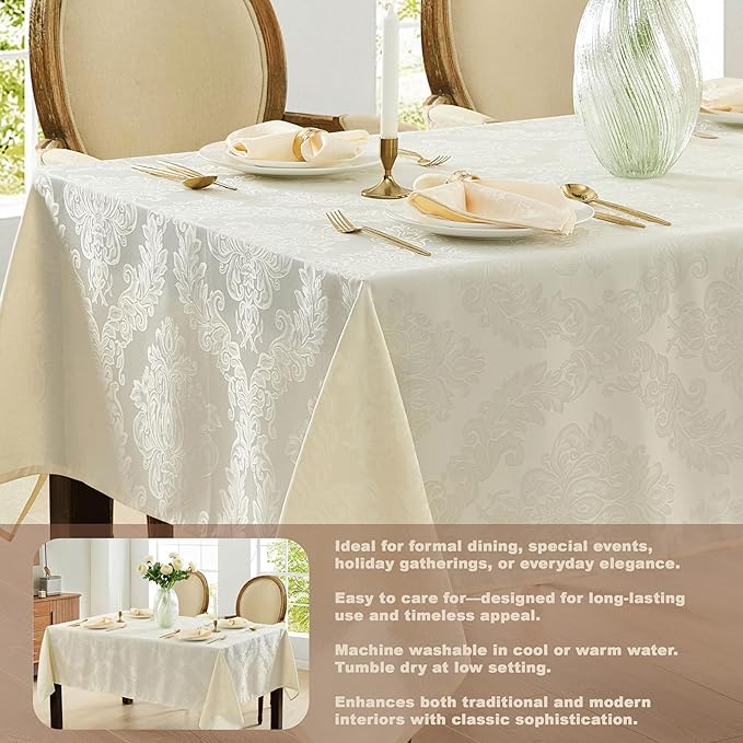 Newbridge Barcelona Luxury Damask Fabric Tablecloth, 60” Wide x 144” Rectangle, Antique White, 100% Polyester, No Iron, Soil Resistant Dining Room, Party and Banquet Table Cover