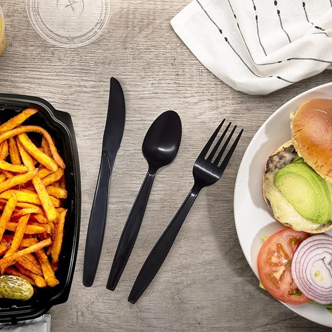 Black Plastic Silverware, Compostable No Plastic Utensils 120 Forks 120 Spoons 60 Knives Disposable Cutlery, Eco Friendly Compostable Utensils, Disposable Forks Spoons Knives Set