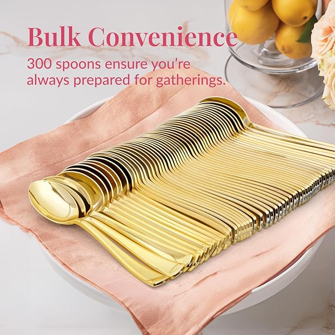 Prestee Gold Plastic Spoons, 300 Pc, Disposable Spoon Cutlery Flatware Pack for Party, Wedding Events, Sparkle & Glamour - Plastic Utensil Set for Parties, Events and Everyday Use