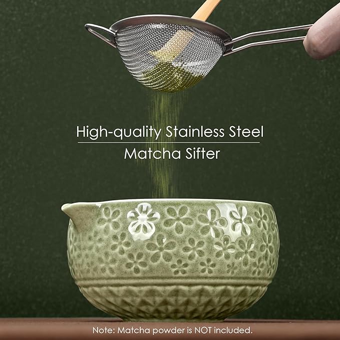 7Pcs Matcha Whisk Set, Ceramic Matcha Bowl with Spout,Bamboo Whisk and Holder, Bamboo Scoop,Scoop Rest,Sifter and Tea Towel,Matcha Kit w/Cherry Blossom Carved Pattern (Mottled Green)