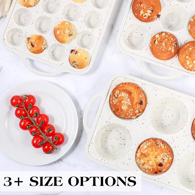 2 Pcs Mini Muffin Pans with Metal Reinforced Frame, 24 Cups Nonstick Silicone Cupcake Tray for Baking, Food Grade Small Muffin Molds with Handles (Cream)
