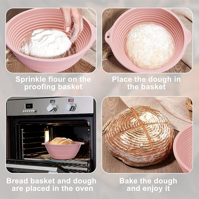 2 Pcs Upgraded Silicone Sourdough Bread Proofing Basket with Handles - Reinforced Rim Support, 9 Inch Round Foldable Bowls for Sourdough Bread Baking, Oven & Dishwasher Safe-BPA Free (Green+Pink)