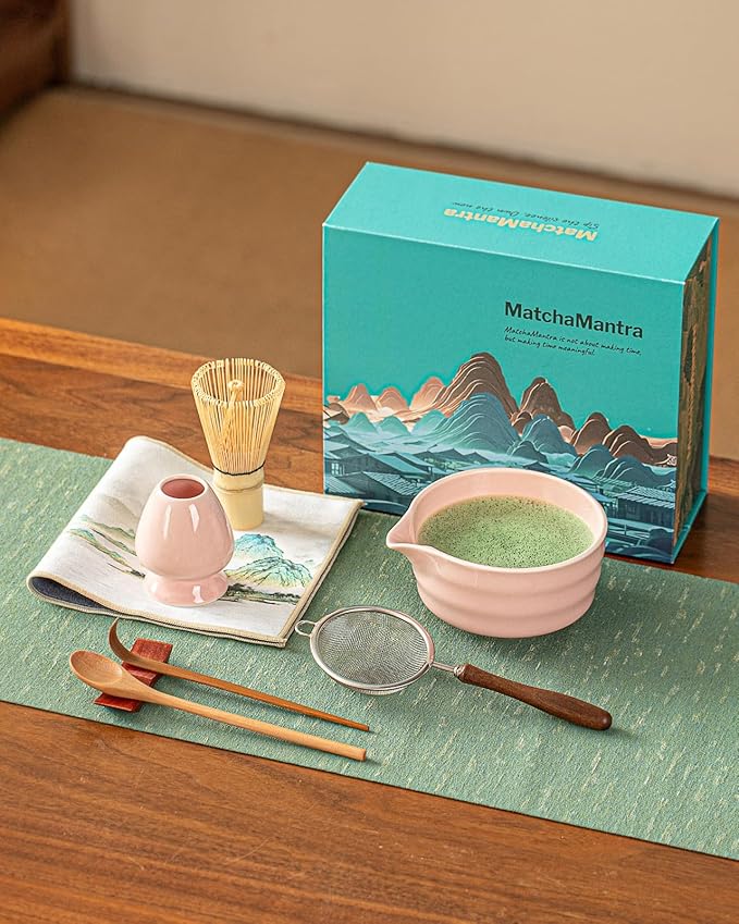 Artisan Matcha Whisk Set - 8 Pcs Premium Matcha Set with Bowl (Chawan), Bamboo Whisk & Tools | Matcha Kit for Making Breakfast/Latte | Gift for Matcha Lovers (Sakura Pink)