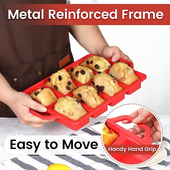 Mini Loaf Pans, Metal Reinforced Frame Silicone Mini Bread Loaf Pans 8 Cavities Nonstick for Baking Cornbread, Bread, Small Loaf, Brownie, Cheesecake, Chocolate 2 Pack Red