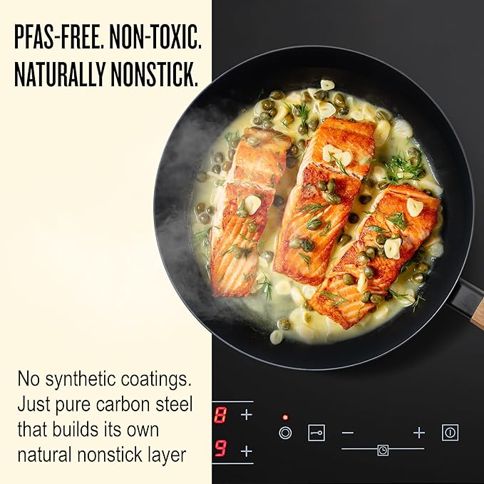 Alva Forest 8" Carbon Steel Frying Pan – Naturally Nonstick, Pre-Seasoned, with Acacia Wood Handle, Made Without PTFE, PFOA, PFAS – Sustainable Belgian Design, Induction & All-Stovetop Safe