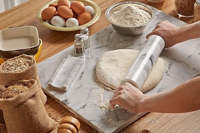 JEmarble Rolling Pin-Wooden Handles(White)(Premium Quality) Polished Surface 18-inch(10"Barrel) Genuine Stone Non-stick Save Effort Easy to Clean