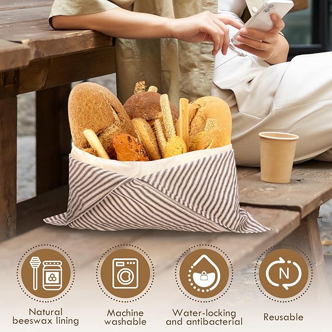 2 Pack Beeswax Bread Bags, Striped Linen Bento Bags, 14" Cotton Loaf Bag, Reusable Organic Food Storage, Sourdough Bag, Rustic Farmhouse Azuma Bukuro Origami Wrap for Baked Gifts (Navy Blue, 2)