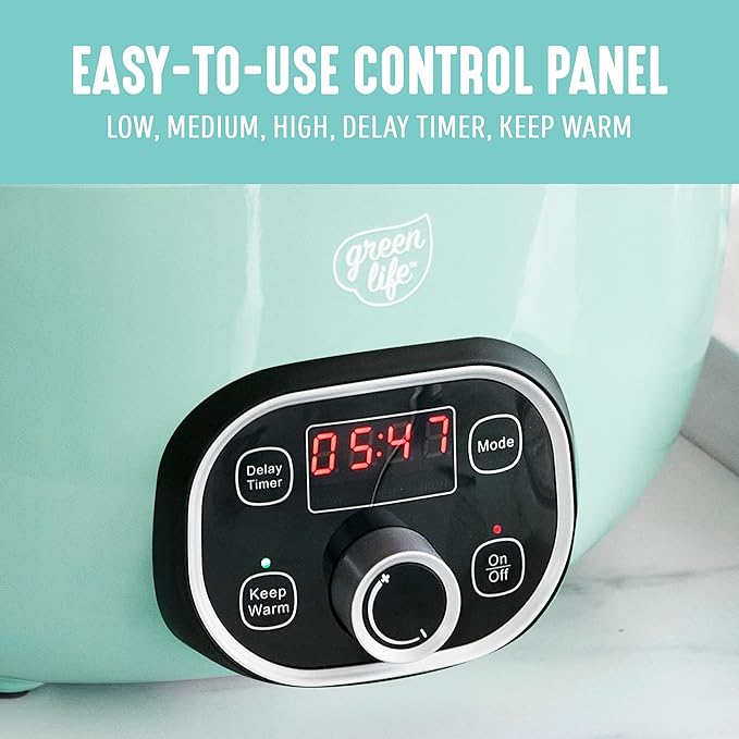 GreenLife 8QT Slow Cooker, Non-Toxic PFAS-Free Ceramic Nonstick Removable Interior Bowl, Programmable, Family Friendly, Keep Warm, Stovetop & Oven Safe, Dishwasher Safe Parts, Glass Lid, Turquoise