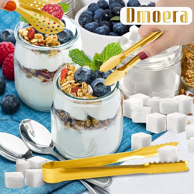 12 Pack Gold Premium Small Serving Tongs, Dmoera Mini Stainless Steel Appetizer Tongs, 5 Inch(12.7cm)