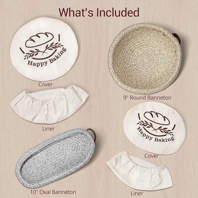 Sourdough Bread Baking Supplies - 9" Round & 10" Oval Banneton Bread Proofing Baskets with Washable Liners and Covers for Artisan Homemade Bread