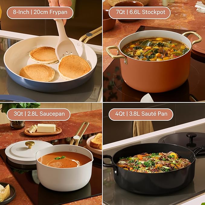 Our Place 11-Piece Essentials Complete Cookware Set - Ceramic Fry Pan, Saucepan, Sauté Pan, Stock Pot, Strainer Basket & Rack Storage | Thermakind™ Nonstick, Oven Safe up to 450°F | Char