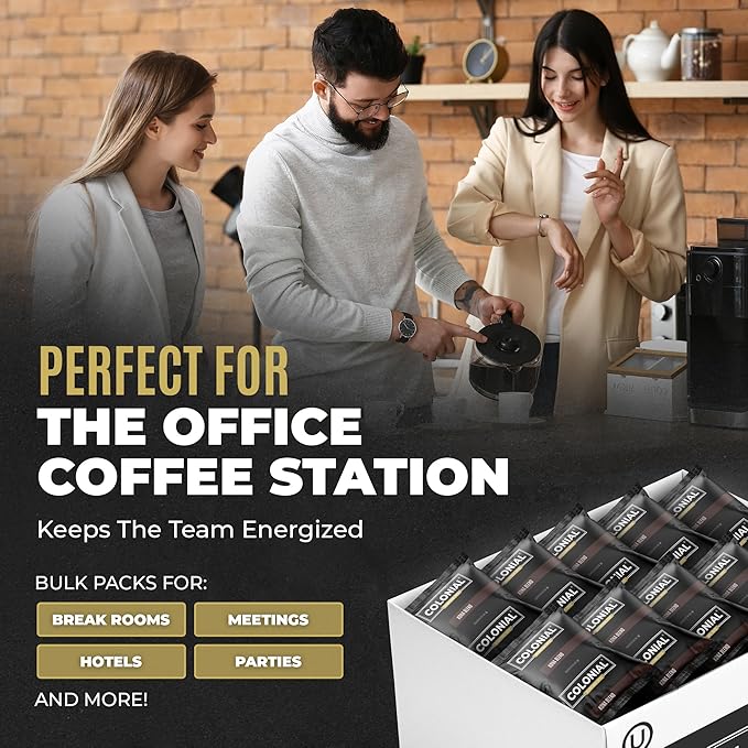Colonial Coffee 80 Count Single Pot Coffee Packets – 100% Arabica Decaf Colombian Medium Roast | Pre-Measured Frac Packs for 12 Cup Maker | Bulk Ground Gourmet Coffee for Home & Office
