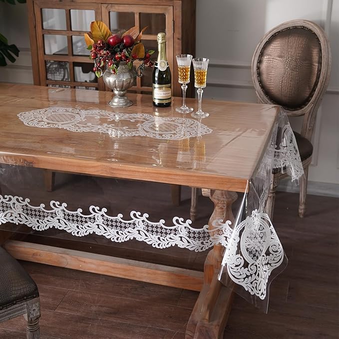 Rectangle Waterproof Clear Table Cover Protector Vinyl Table Cloth Oil Spill Proof Wipe Clean Lace Plastic Tablecloths for Dining Tables (White, 60 x 104 Inches)