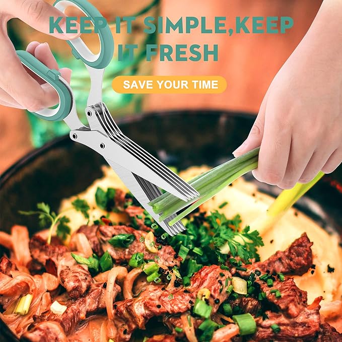 Updated 2025 Herb Scissors Set - Cool Kitchen Gadgets for Cutting Fresh Garden Herbs - Herb Cutter Shears with 5 Blades and Cover, Sharp and Anti-rust Stainless Steel, Dishwasher Safe (Blue-White)