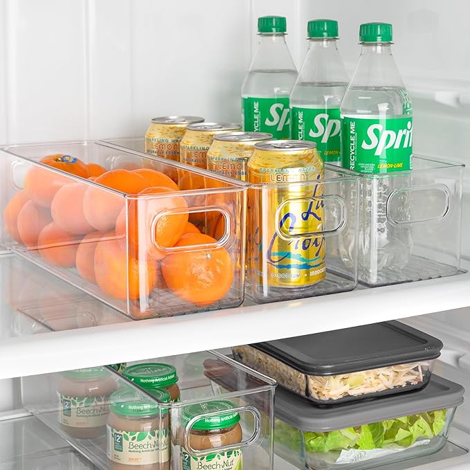 Plastic Food Storage 6 Pack Clear Container Bin with Handles for Organizing Kitchen, Pantry, Refrigerator, Freezer, Pantry, Cabinet, Closet, Bathroom. 14”x4”x4”
