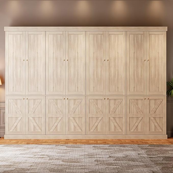70.8" Tall Bookshelf with Doors, Farmhouse Modular Bookcase with 4-Tier Adjustable Shelves, Large Storage Cabinet for Home Office, Living Room, Brown, Set of 2