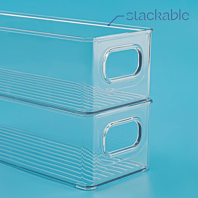Plastic Food Storage Clear Container Bin with Handles for Organizing Kitchen, Pantry, Refrigerator, Freezer, Pantry, Cabinet, Closet, Bathroom. Stackable 10"X4"3"